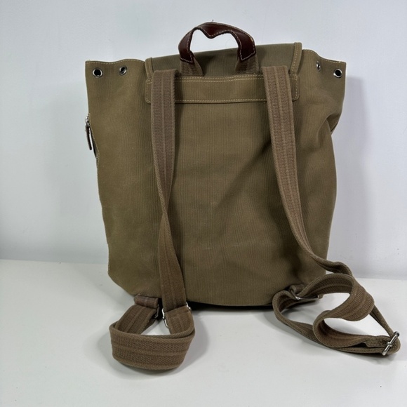 Fossil Green Canvas Brown Leather-Trim Backpack Travel Bag - Picture 8 of 13